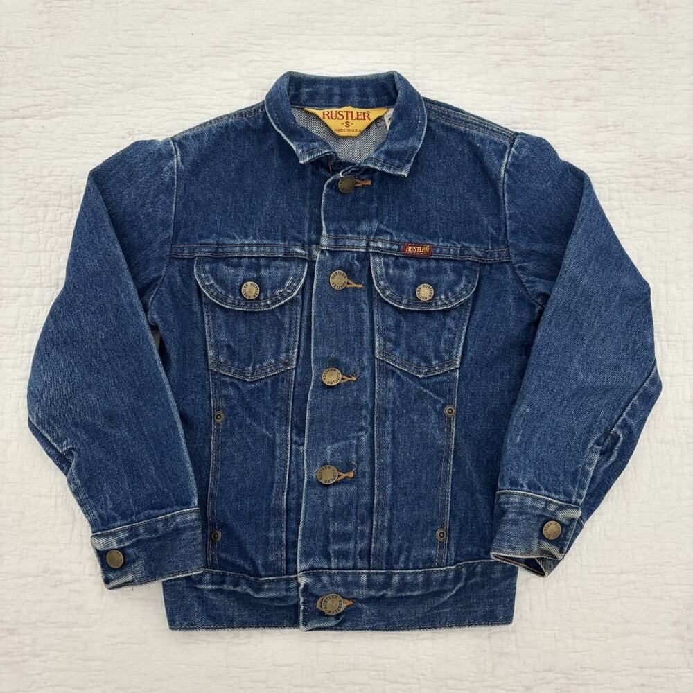 Vintage Rustler Youth Denim Jacket Blue Western Trucker Kids Cowboy size Small
